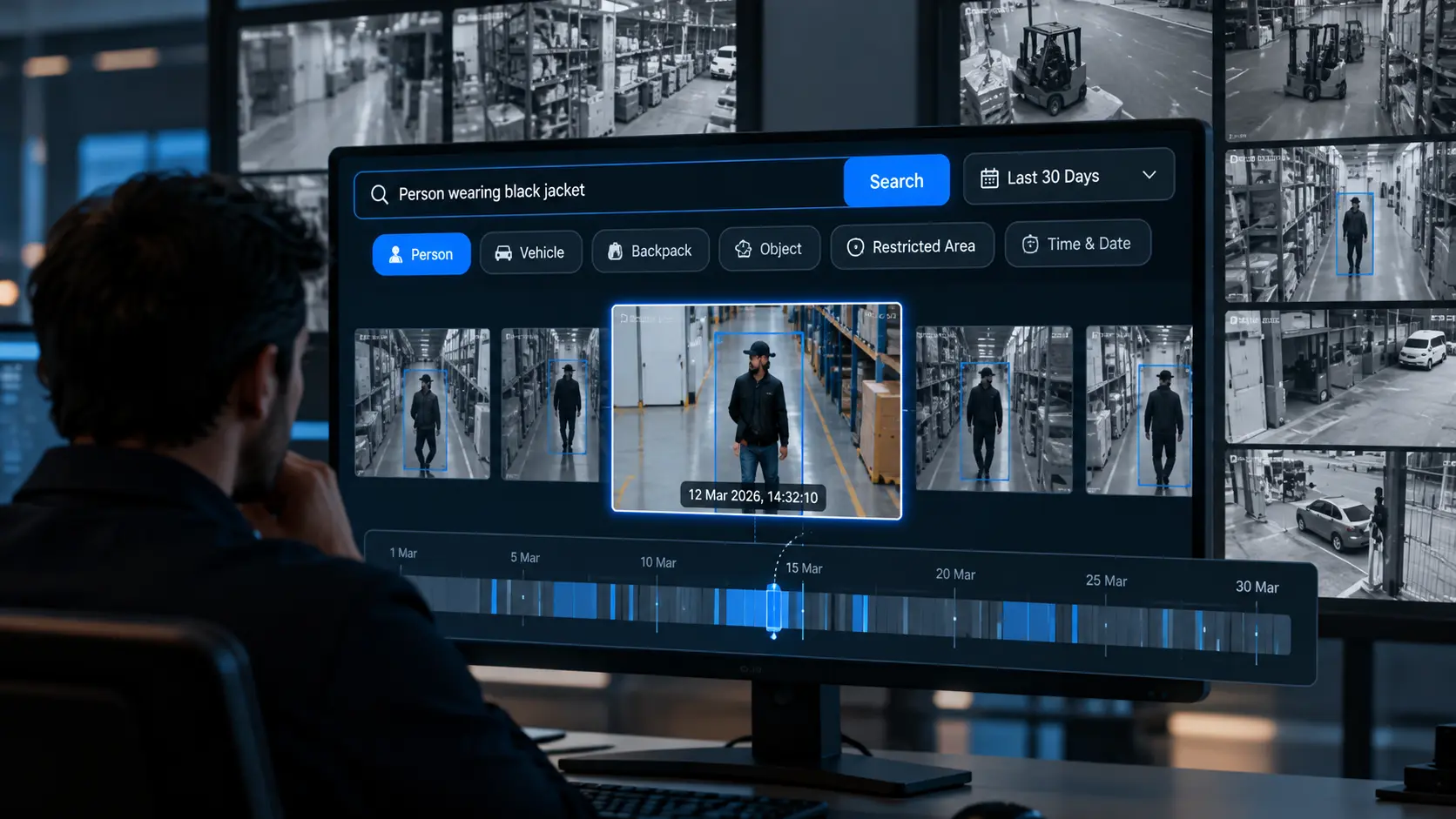 AI forensic search interface finding a person across 30 days of CCTV footage using visual search and camera recordings.