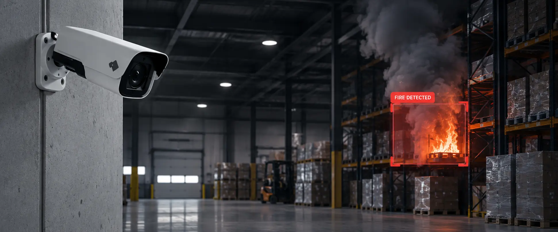 AI-powered CCTV camera detecting a warehouse fire in real time, with computer vision highlighting flames and smoke on industrial storage racks.