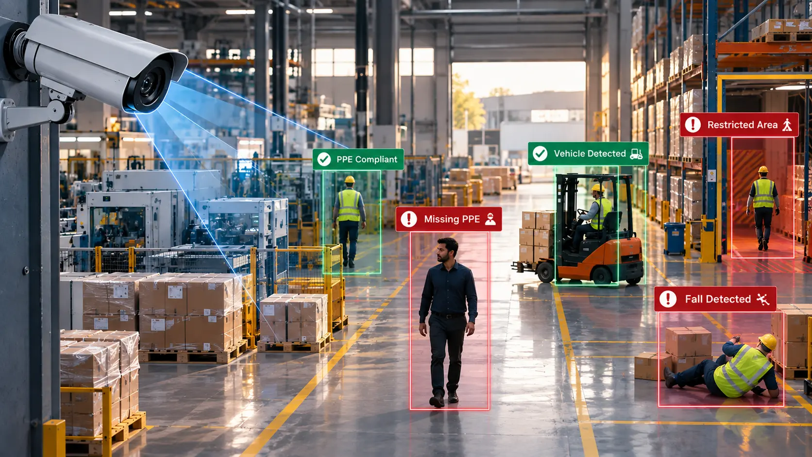 AI video analytics monitoring a warehouse, detecting PPE compliance, restricted areas, vehicles and workplace safety incidents through CCTV.