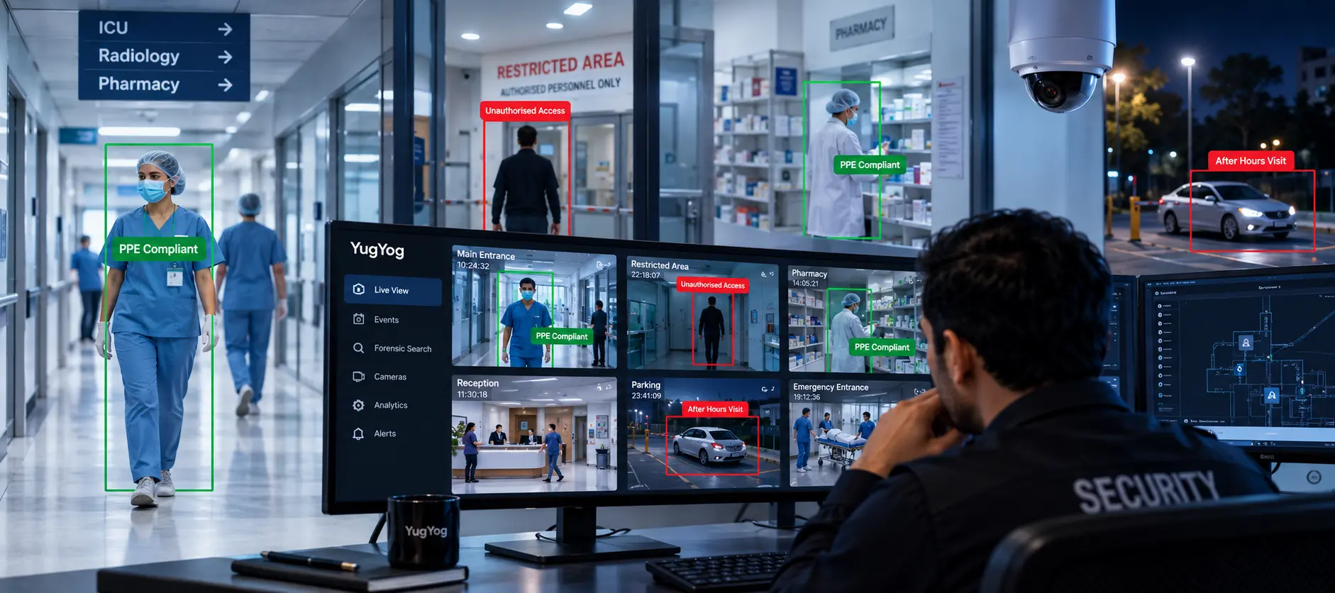 Hospital CCTV security monitoring dashboard showing PPE compliance, restricted-area access alerts, after-hours activity &hospital surveillance footage
